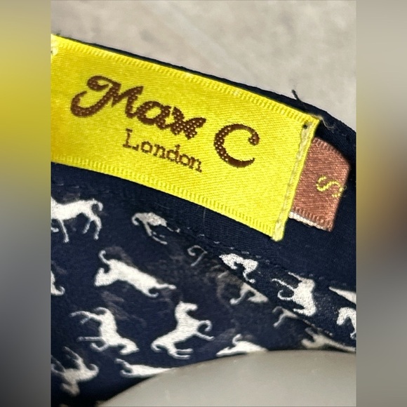 Max C navy blue ruffled neck blouse with sheer arms horse print - Picture 7 of 7